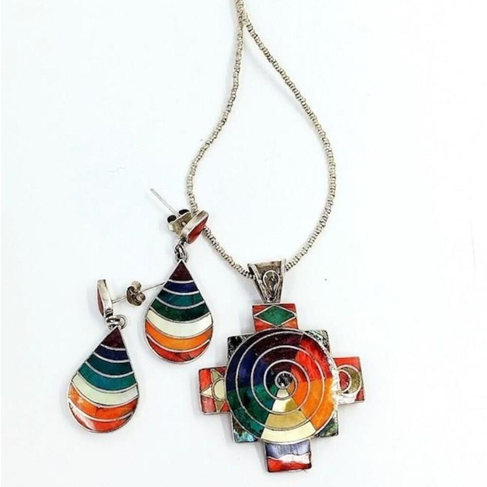 .950 -Peruvian Chakana Multi-Stone Inlay Necklace & Earring Set- 21.64 Grams